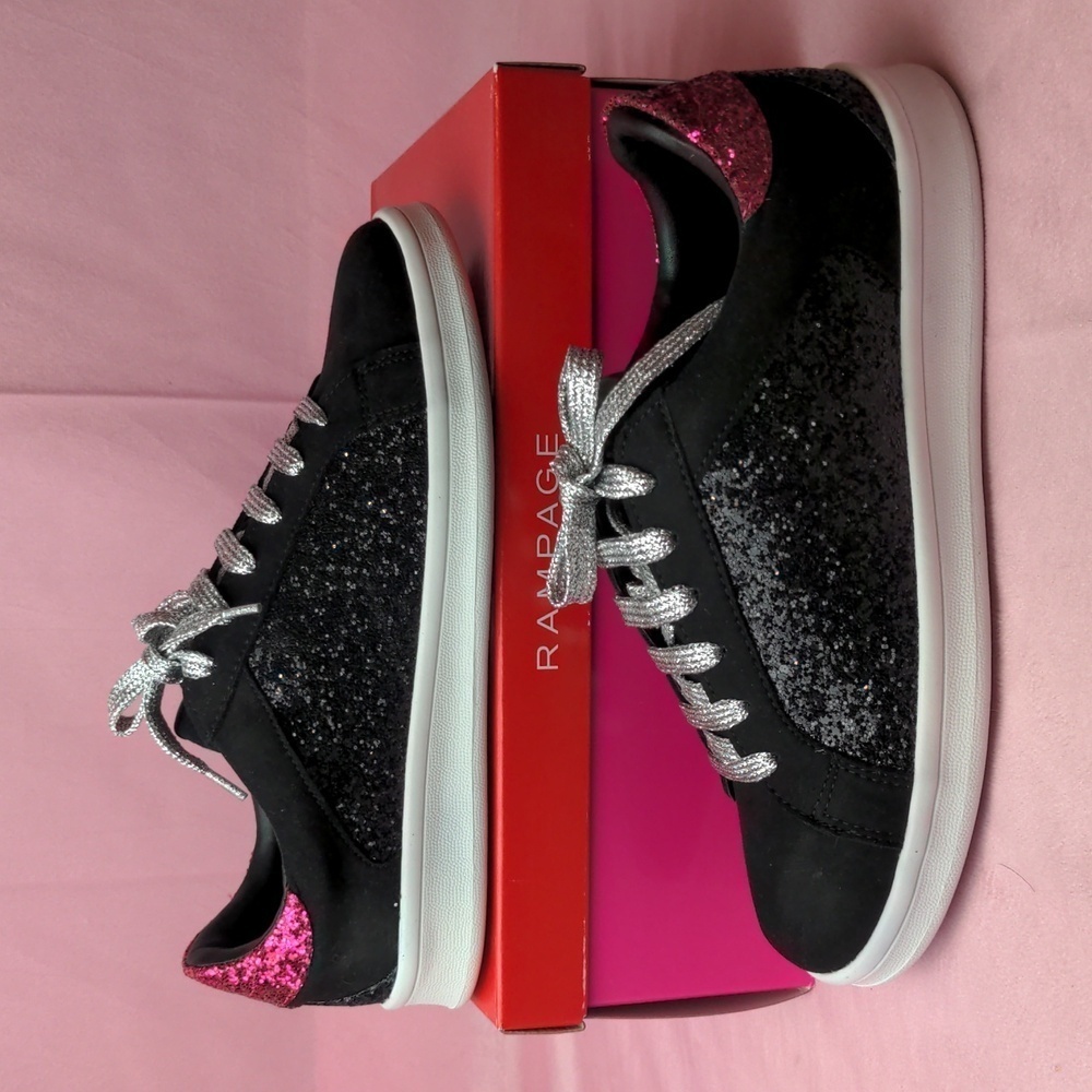 Rampage Black and Pink Lane Sparkly Glitter Sneakers with Silver Laces size 8